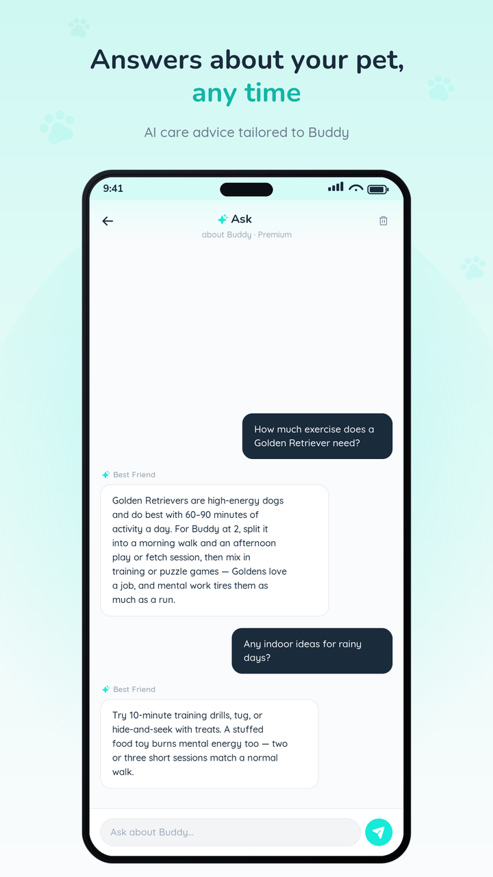 Ask — an AI care assistant answering a question about a Golden Retriever's exercise needs