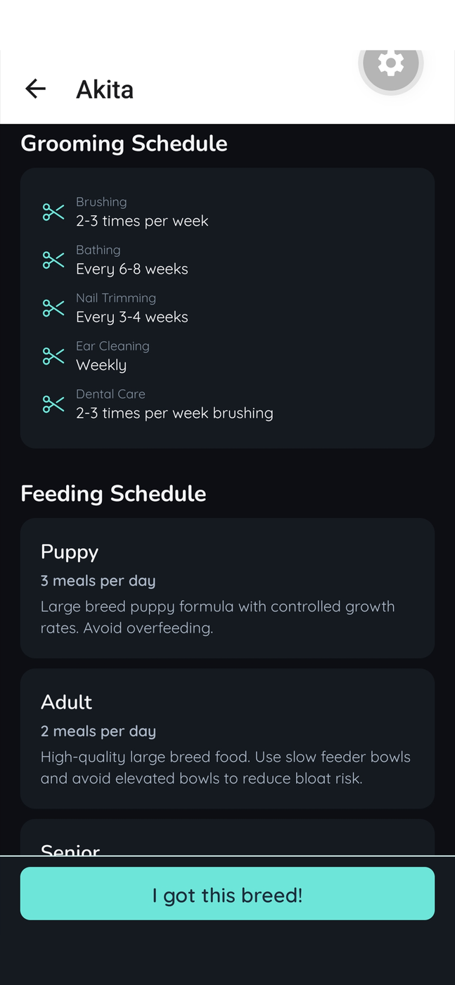 App screen showing breed-specific grooming and feeding schedules