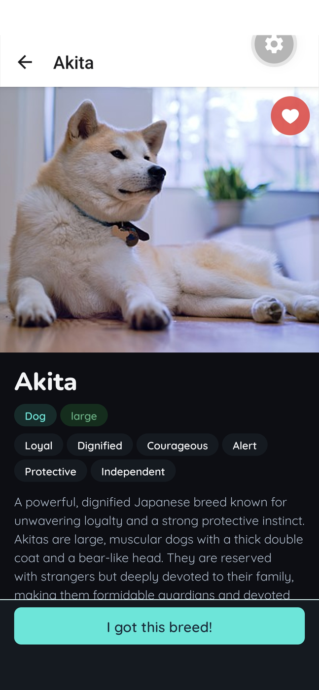 App screen showing a breed profile with breed-specific care guidance