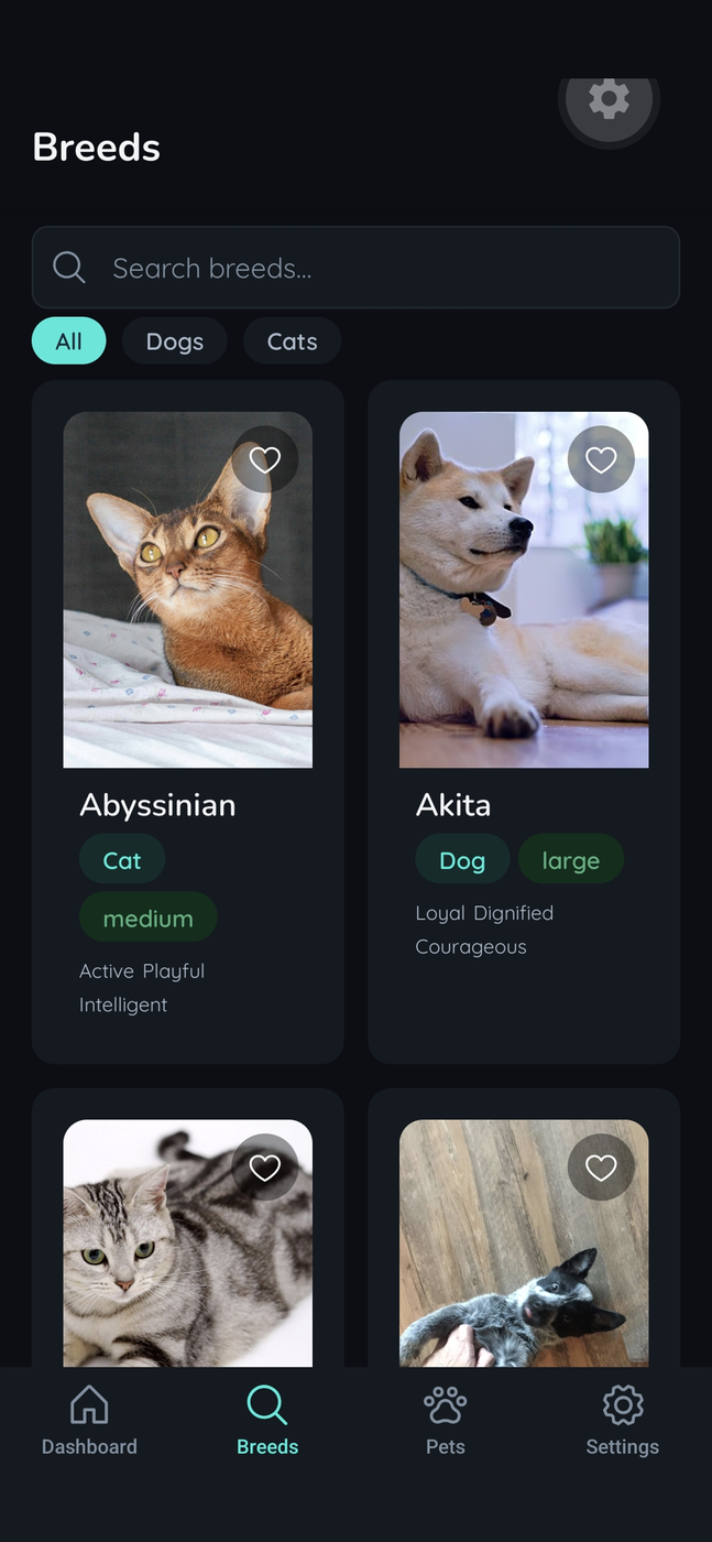 App screen showing the searchable breed encyclopedia grid