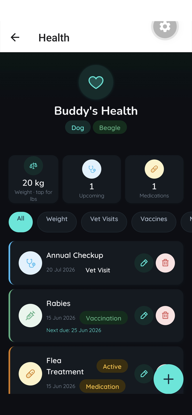 App screen showing a pet's health records and upcoming vaccinations