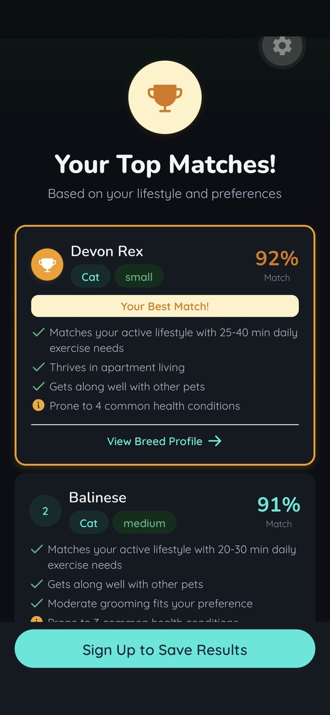 App screen showing top breed matches with compatibility percentages