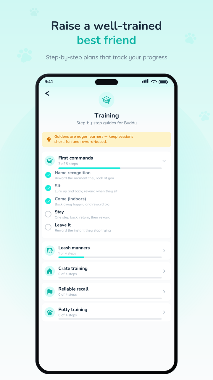 Breed-smart training plans with step-by-step, checkable tracks